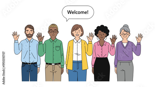 Warm Greetings from a Friendly Team: A welcoming group of diverse individuals extends a gesture of hospitality, each hand raised in a friendly wave.