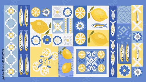 A vibrant pattern of citrus fruits fish and floral tile designs