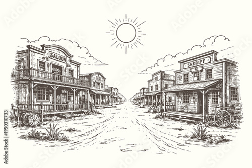 Vintage Hand Drawn Vector Illustration of a Wild West Town Street with Old Saloon and Sheriff Office Buildings in Classic Engraving Line Art Style.