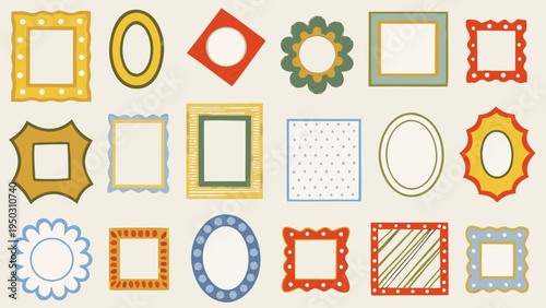 Colorful assortment of decorative frames in various shapes and styles