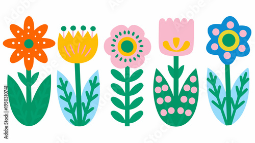 A row of brightly colored stylized flowers with simple shapes and green stems