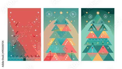 Abstract christmas tree patterns in geometric shapes and warm color palettes