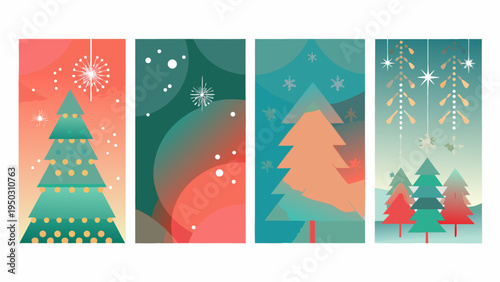 Four abstract christmas tree patterns in vibrant geometric designs