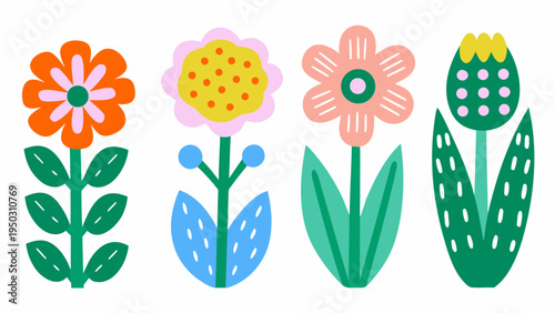 Four stylized flowers with colorful petals and simple green stems