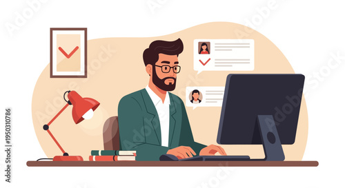 A professional bearded man wearing glasses diligently works at his computer, managing tasks and communicating online in a modern office or remote workspace.