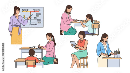 Empowering Minds: An array of educational moments, depicting a teacher's guidance and support, fostering a child's learning journey and academic growth.