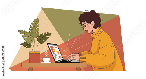 A focused woman in a yellow sweater and glasses works diligently on her laptop at a cozy table, coffee and a plant, illustrating remote work.