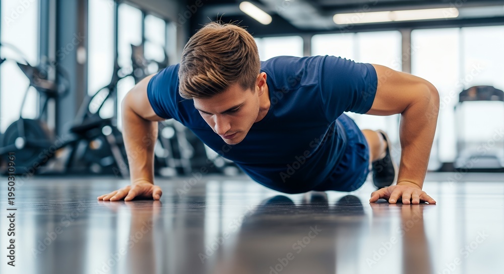 Fototapeta premium Young athletic man doing push-ups in modern gym with professional equipment