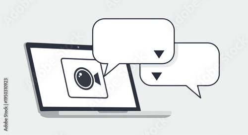 Minimalist black and white laptop with speech bubbles and video icon vector illustration