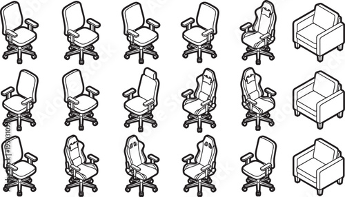 Various office chairs and sofa rendered in a modern isometric style, illustrating the furniture from multiple perspectives for design and selection.