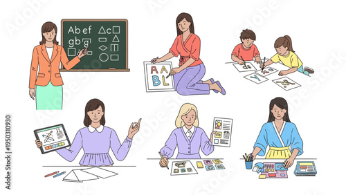 Educators at Work: A collection of various educators at work, engaging students with different teaching method and tools.