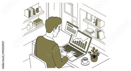 A focused professional analyzes financial data and business growth trends on a modern laptop computer, diligently working from a home office in this clean vector illustration design.