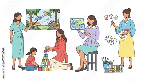 Education and Art: A compilation of educators, engaging in teaching activities such as arts and crafts. Showcasing artistic teaching in education.
