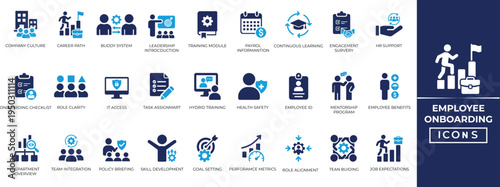 Employee onboarding icon set. Containing Team integration, training, communication, hiring, motivation, engagement,  checklist, mentorship program and more. Perfect solid icon collection.