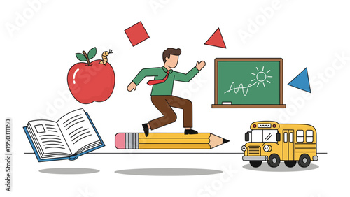 Education Journey Illustration: Conceptual illustration depicts the transformative path of education, with a teacher riding a pencil, surrounded by educational elements.