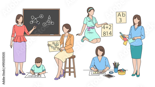 Teachers and Students in Education: A vibrant illustration depicts teachers guiding students in a classroom setting, showcasing diverse activities and learning moments.