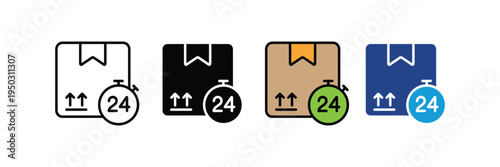 Fast 24 hour shipping and express delivery service icon set. Cardboard package box with stopwatch timer symbol for quick logistics and distribution. Vector Illustration.