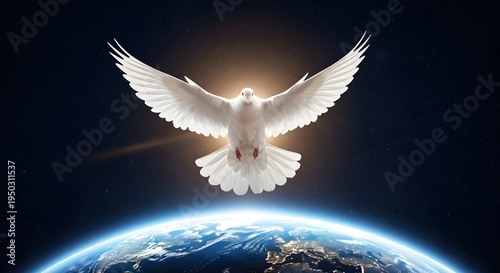 White dove flying over Earth planet.