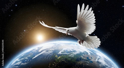 White dove flying over Earth planet.