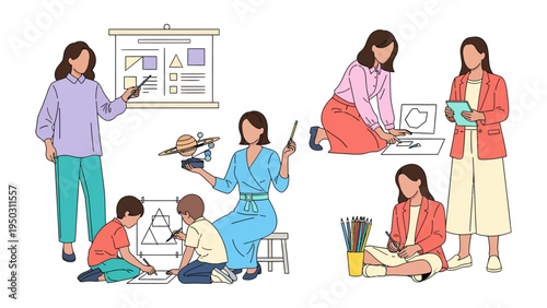 Teacher and students working together: Educational illustrations capture a group of teachers and students collaborating in the process of learning and exploration.