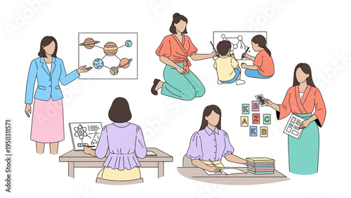 Teaching and Learning: Diverse scenes of educators guiding students in various educational settings. Capturing the essence of learning and instruction