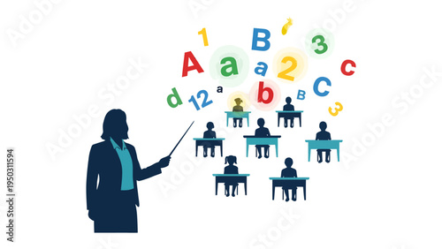 The Essence of Learning: Depicting a teacher's guide with a pointer in a vibrant classroom environment, and the letters and numbers show the importance of learning and education.