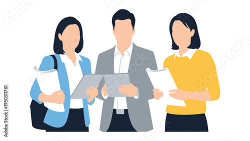 Group of Professionals: A focused trio of professionals engaged in a dynamic exchange of ideas and information. Collaboration, expertise and teamwork.