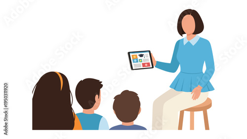 Learning with Tablet: An educator demonstrates interactive lessons on a tablet, captivating students with modern educational methods