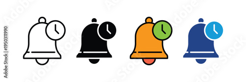 Notification bell with clock timer icon set. Alert reminder, alarm schedule, and timely message notification symbols for mobile apps and interfaces. Vector Illustration.