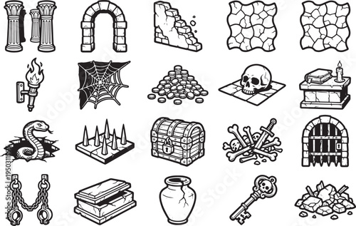 An array of illustrative design elements: columns, archways, and textures, creating a diverse collection of graphic resources.