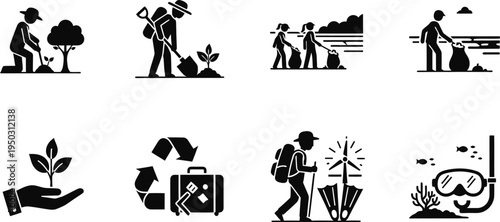 Collection of silhouettes depicting people engaging in outdoor activities and environmental conservation