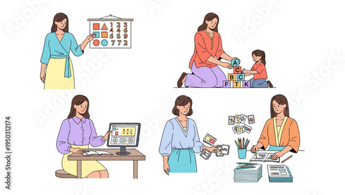 Woman's Multitasking Life: A collection of illustrations showcases a woman in different scenarios, from teaching to managing and creating.