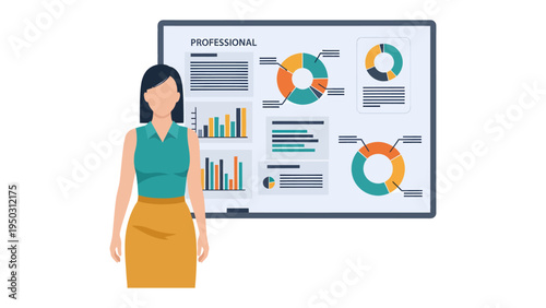 Data Presentation: A professional, stands before a display of financial data, charts, and graphs