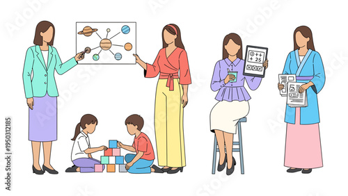 Educators and Learners: A collection of educational images illustrating instructors interacting with students in diverse learning environments. 