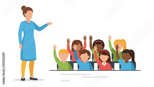 Teacher Engaging Students: In a vibrant classroom, a teacher stands before a group of eager students, their hands raised in a display of enthusiastic participation.
