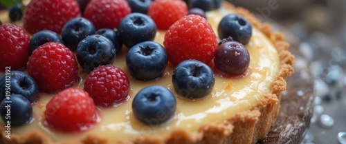 Fresh Fruit Tart with Raspberries and Blueberries on a Wooden Board with Moisture Droplets
