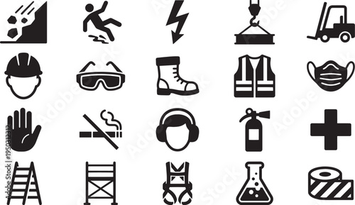 Safety Icons: A collection of essential safety icons, perfect for illustrating workplace safety guidelines and precautions, conveys messages of caution and awareness.