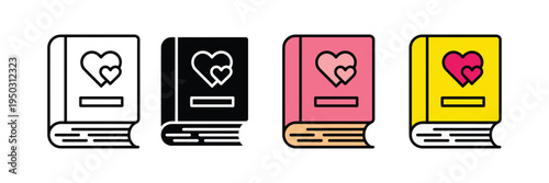 Romantic love story book and wedding diary icon set. Hardcover book with heart symbols for literature, poetry, and relationship memories. Vector Illustration.
