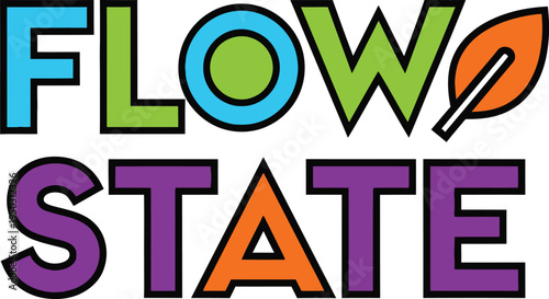 Flow State vector typography logo with colorful letters and green leaf icon, isolated on white
