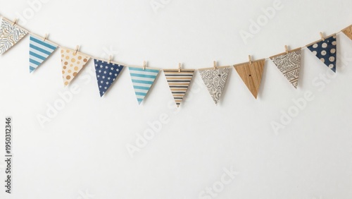 Colorful Decorative Bunting Garland with Unique Patterns Hanging on a White Background