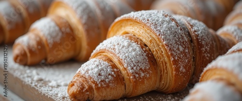 Freshly Baked Golden Croissants Topped with Powdered Sugar Ready for Breakfast Brunch