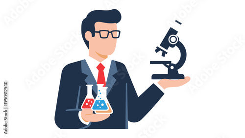Scientist's Vision: A focused scientist, adorned with spectacles, delicately holds a microscopic lens alongside a beaker and vials filled with vibrant solutions.