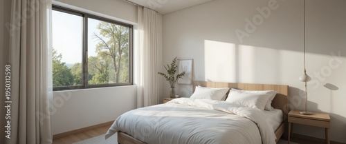 Cozy Minimalist Bedroom Interior with Natural Light Streaming Through a Large Window Featuring Greenery