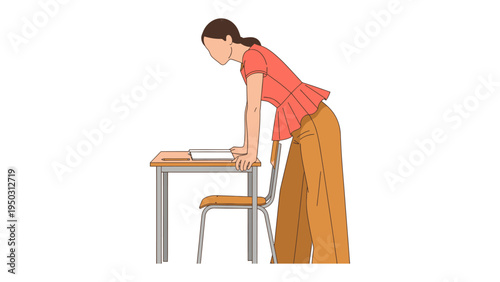 Focused Educator at the Desk: A dedicated teacher, poised and focused, stands by a desk in a classroom setting, ready to guide and inspire.