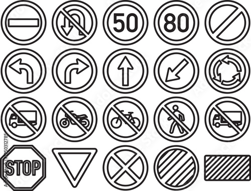 A collection of essential road signs, rendered in a simple monochrome style, that is easily understandable for safe navigation, each symbol carefully crafted and ready to educate on roadway safety.