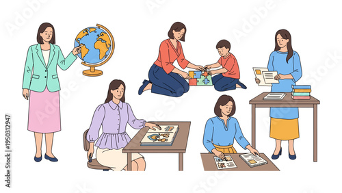 Classroom Collaboration: A scene of children engaging in various educational activities within a well-lit classroom, exploring the concepts of learning.