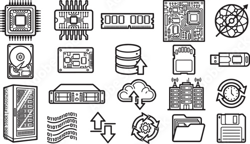 High-tech components of the modern computer system, showcasing detailed elements in a minimalist black and white design.
