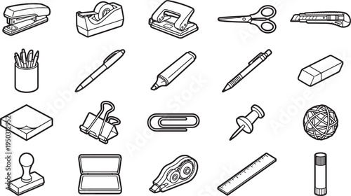 An assortment of essential office supplies are meticulously arranged in a clean, black and white line art composition, showcasing a range of tools.