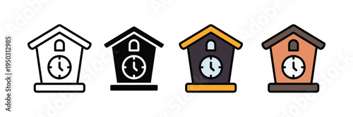 Classic cuckoo clock and wall timepiece icon set. Traditional home decor, vintage wooden clock, and birdhouse style timekeeping symbols. Vector Illustration.