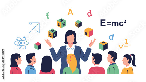 Teacher with the pupil in classroom: A teacher is instructing students with multiple knowledge elements around. An image of education and teaching.